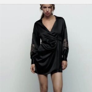 Zara black satin effect embroidered dress